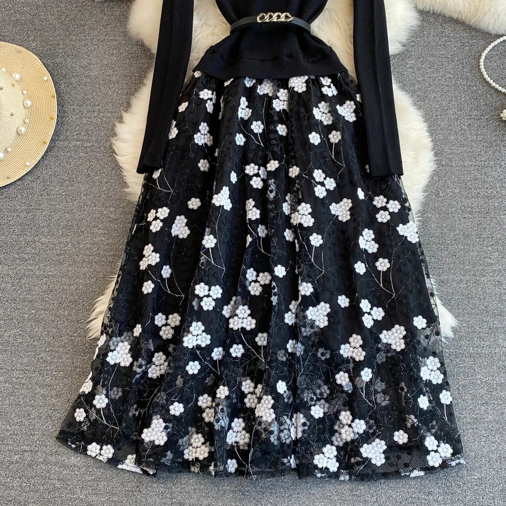Women Chic Long Sleeve Stand Collar Patchwork A-line Dress Vintage Korean Fashion Knit Vestido Elegant Autumn Winter Knitwear