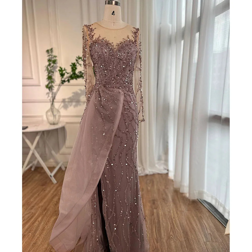 Serene Hill Blue Long Sleevele Elegant Mermaid High Split Evening Dresses 2024 Women Party Gowns with Side Skirt LA72044
