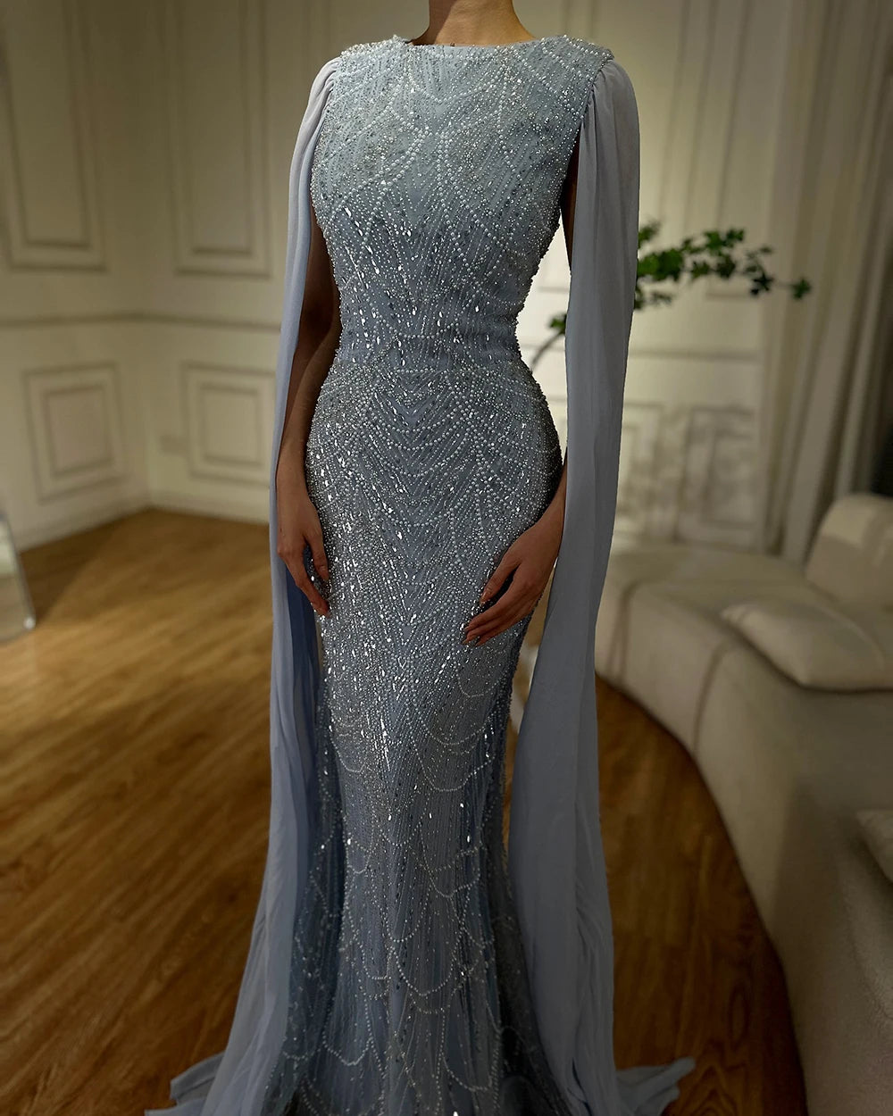 Serene Hill 2024 Saudi Arabia Blue Mermaid Cape Sleeve Luxury Beaded Evening Gown for Formal Occasion LA72160A