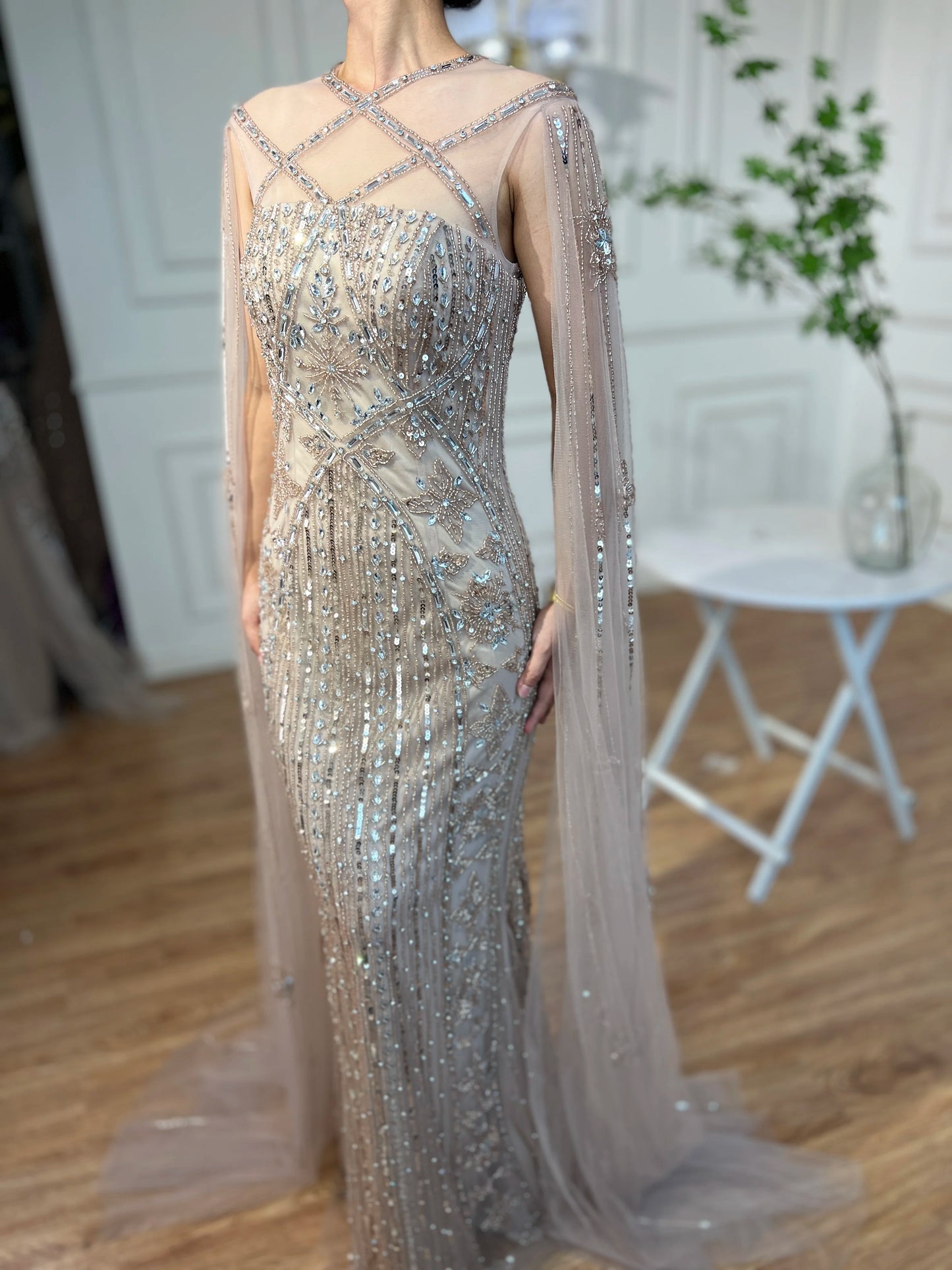 SERENE HILL Arabic Caramel Mermaid Elegant Cape Sleeves Beaded Luxury Evening Dresses 2024 Formal Gown For Women Party GLA71905A