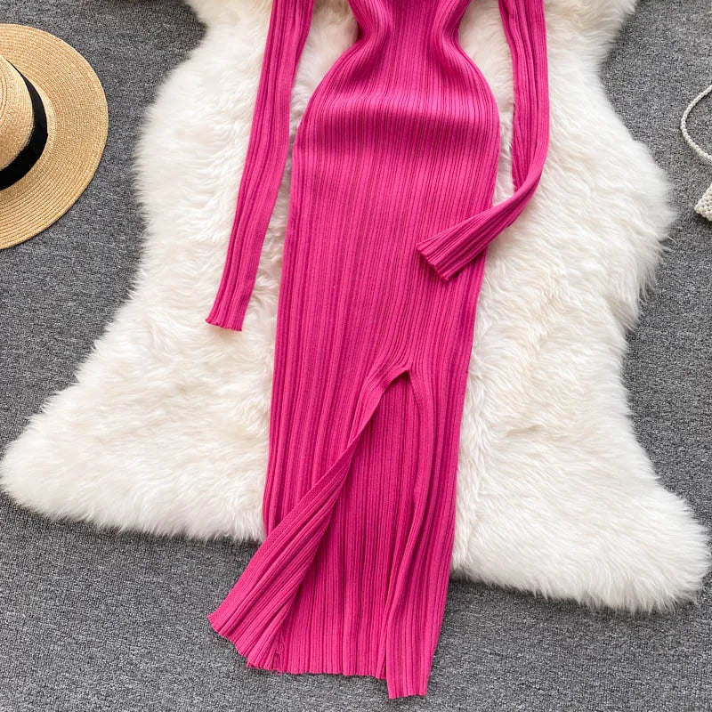 Women Long Sleeve Sexy Bodycon Dress with slit Vintage French Fashion Knit v neck Vestidos Basic Tight Elegant Slim Chic Dresses