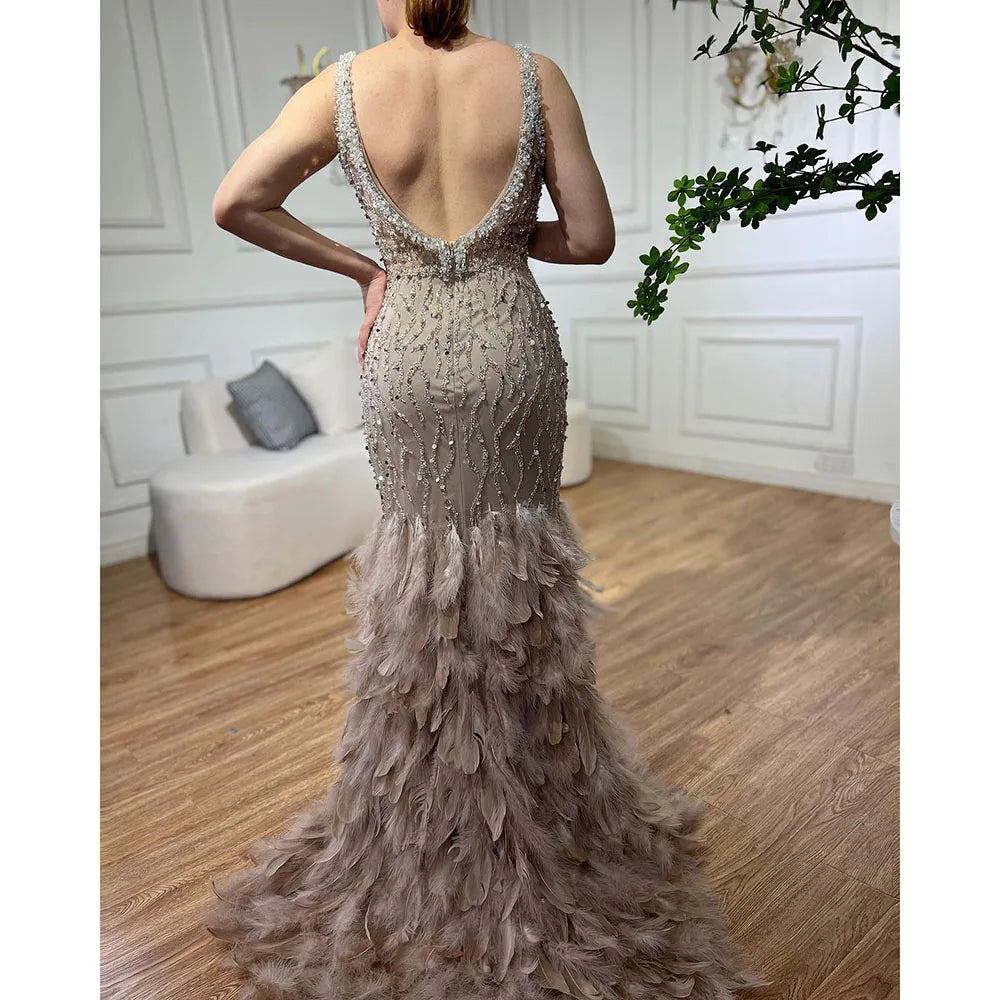Serene Hill Pink Mermaid High Split Luxury Evening Dresses Feather Beaded Gowns Long 2024 For Women Wedding Party LA72152
