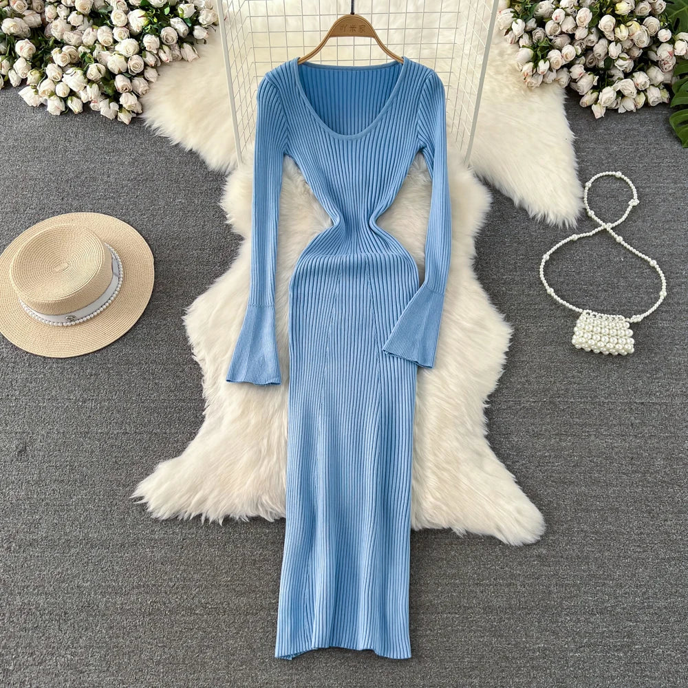 Women Chic Elegant Long Sleeve Bodycon Vneck Dress Sexy French Fashion Knit Wrap Vestidos Elastic Slim Pencil Sweater Dress