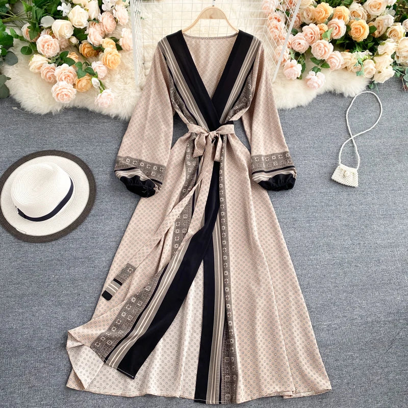 Vintage Print Elegant Puff Sleeve One Piece Dress A-line Lace-up Beach Vacation Midi Dress Women Fashion Spring Autumn Vestidos