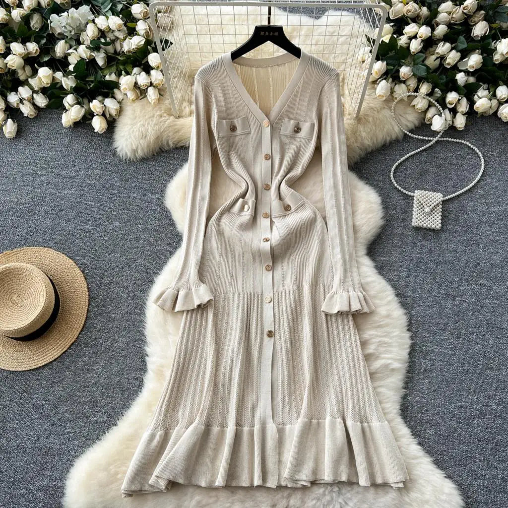 Elegant Women Solid Knitted Dresses Autumn V-Neck Single Breasted Chic Flared Sleeve Ruffles Hem Casual Female Slim Office Robes