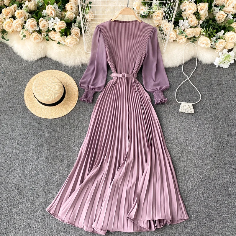 Chic Pleated Elegant Puff Sleeve Dress A-line Chiffon High Waist Belt Beach Vacation Party Dress Women Summer Spring Vestidos