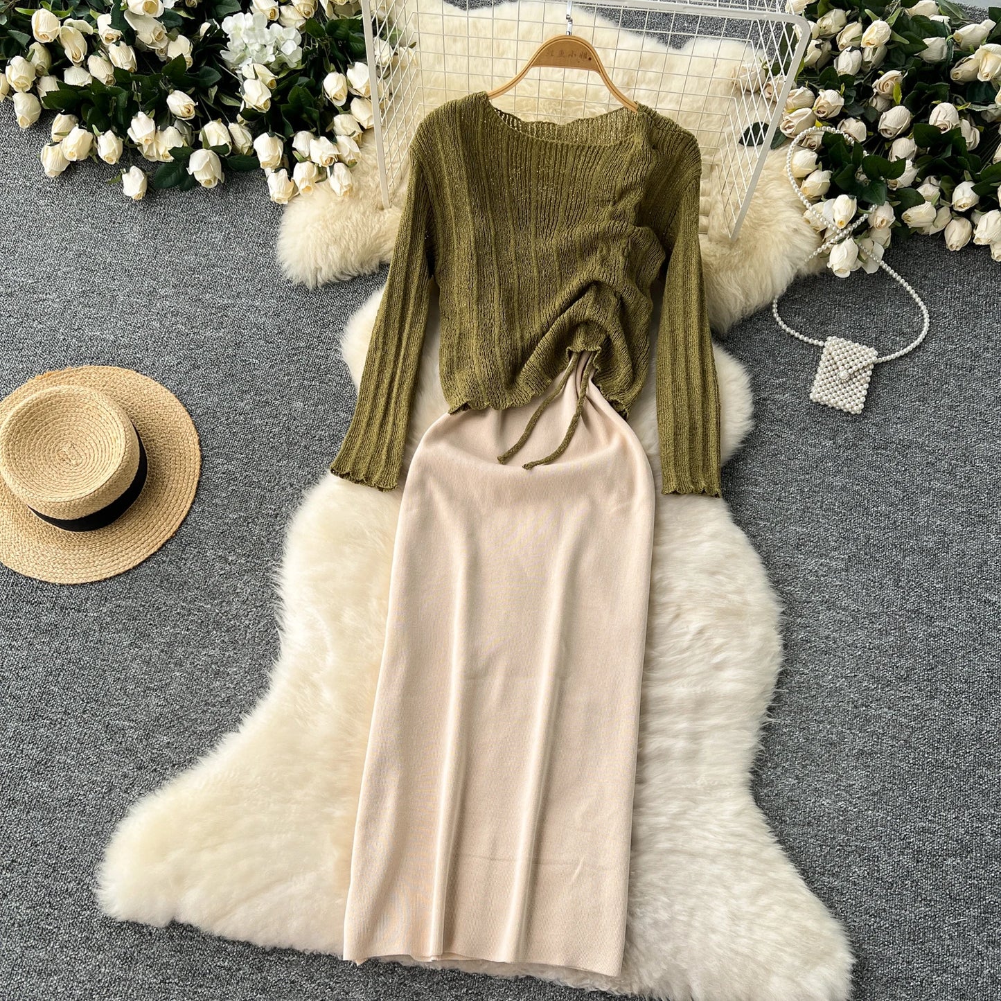 French Vintage Shirring lool sleeve slip knit overcoat with sweet slip A-line Chic Casual Vacation Women Summer dresses