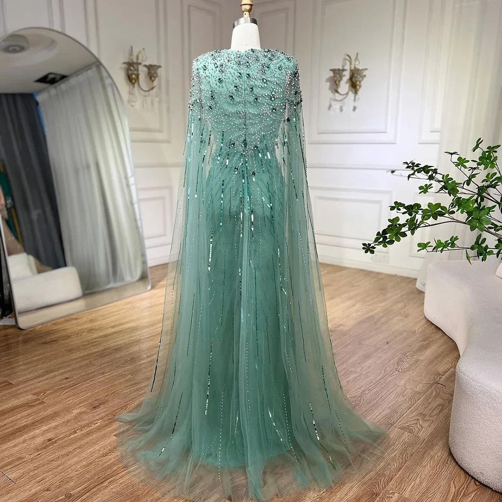 Serene Hill Turquoise Mermaid Evening Dresses Gowns 2024 with Beaded Cape Sleeves Design for Women's Wedding Party BLA72168A