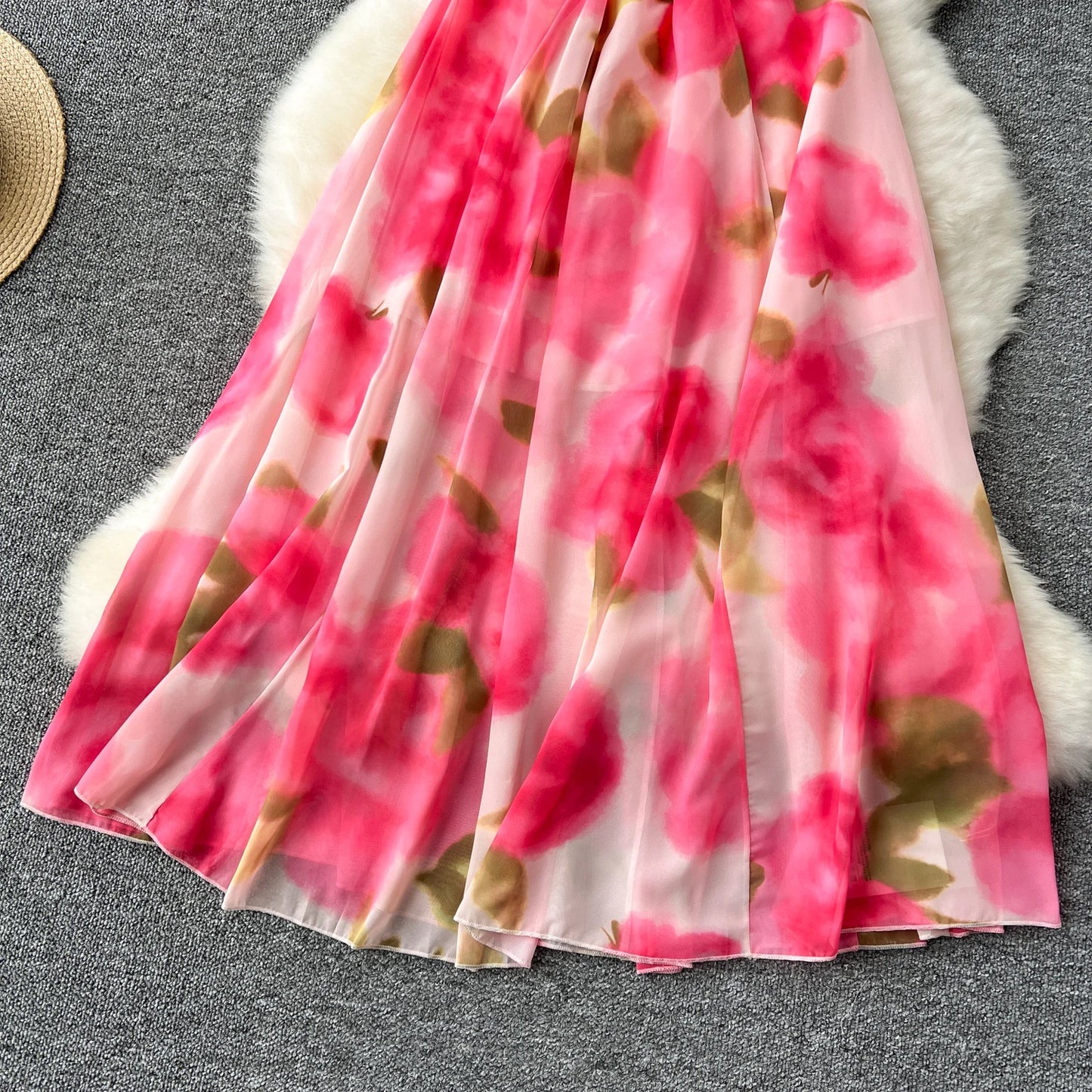 French Elegant Beach Dress Women Rose Print High Waist Chiffon Dresses Ladies Sleeveless Slim A-line Boho Long Robe Vestidos