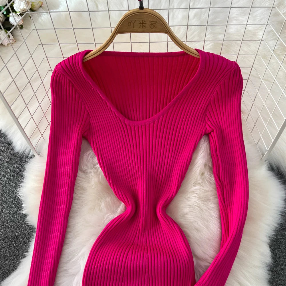 Women Chic Elegant Long Sleeve Bodycon Vneck Dress Sexy French Fashion Knit Wrap Vestidos Elastic Slim Pencil Sweater Dress