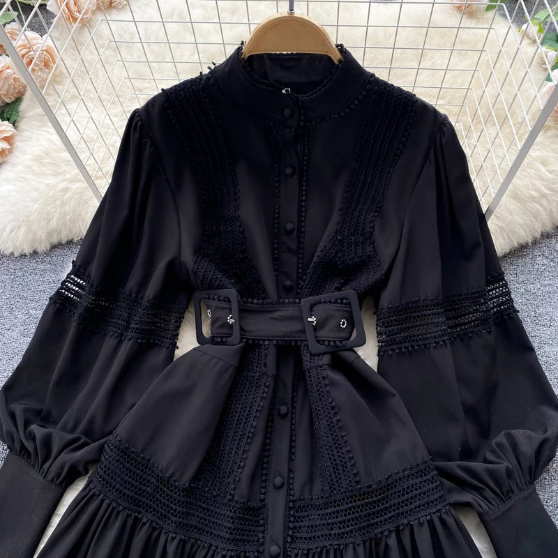Wedding Guest Dresses For Women Lace Trim Luxury Party Dress Stand Collar Long Sleeve Button Up Holiday Mini Dress With Belt