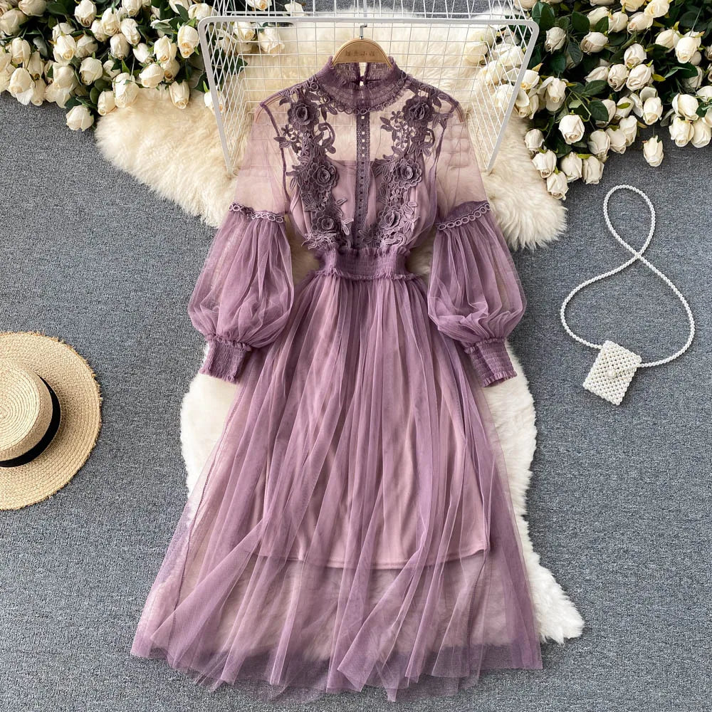 Retro Elegant Mesh Pleated two pieces Dress sets Sexy Fairy puff sleeve Summer Casual Vestidos Slim Women Evening Party Dress