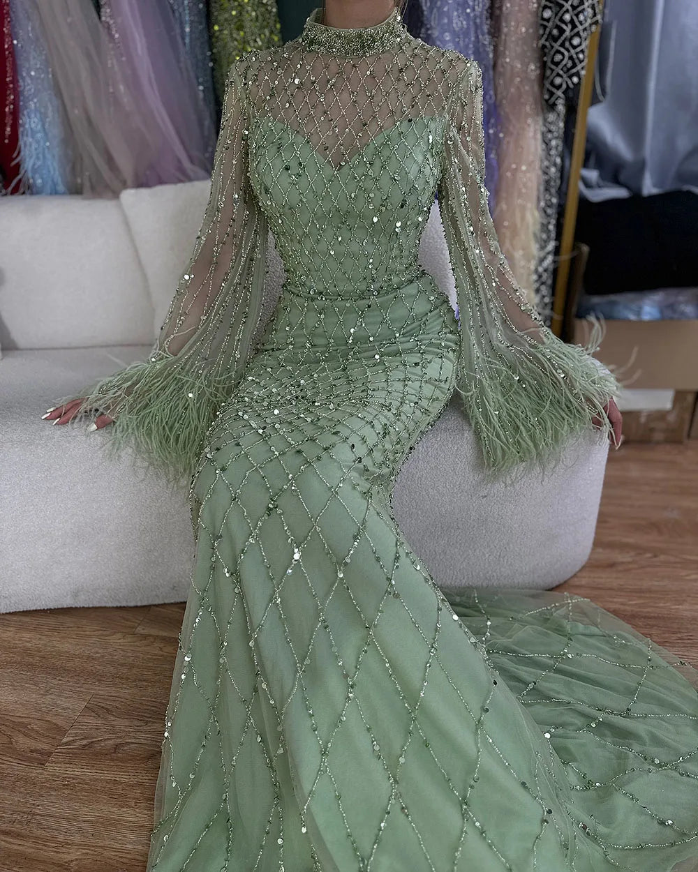 Serene Hill 2024 Saudi Caramel Illusion Cut Out Lace Beaded Feathers Mermaid Evening Dresses Gowns for Formal Occasion LA72394A