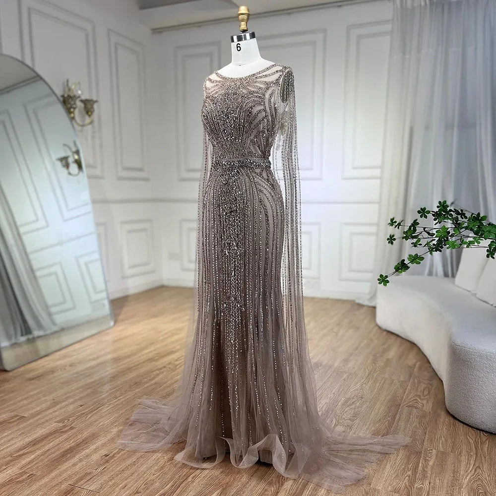 Serene Hill Brown Mermaid Elegant 2024 With Cape Sleeves Beaded Luxury Evening Dresses Gowns For Women Party LA70638