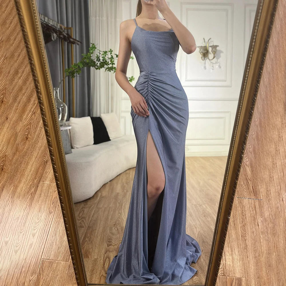 Serene Hill 2024 Saudi Arabic Blue Elegant Spaghetti Strap Mermaid Long Evening Gown with Split for Formal Occasion LA72720