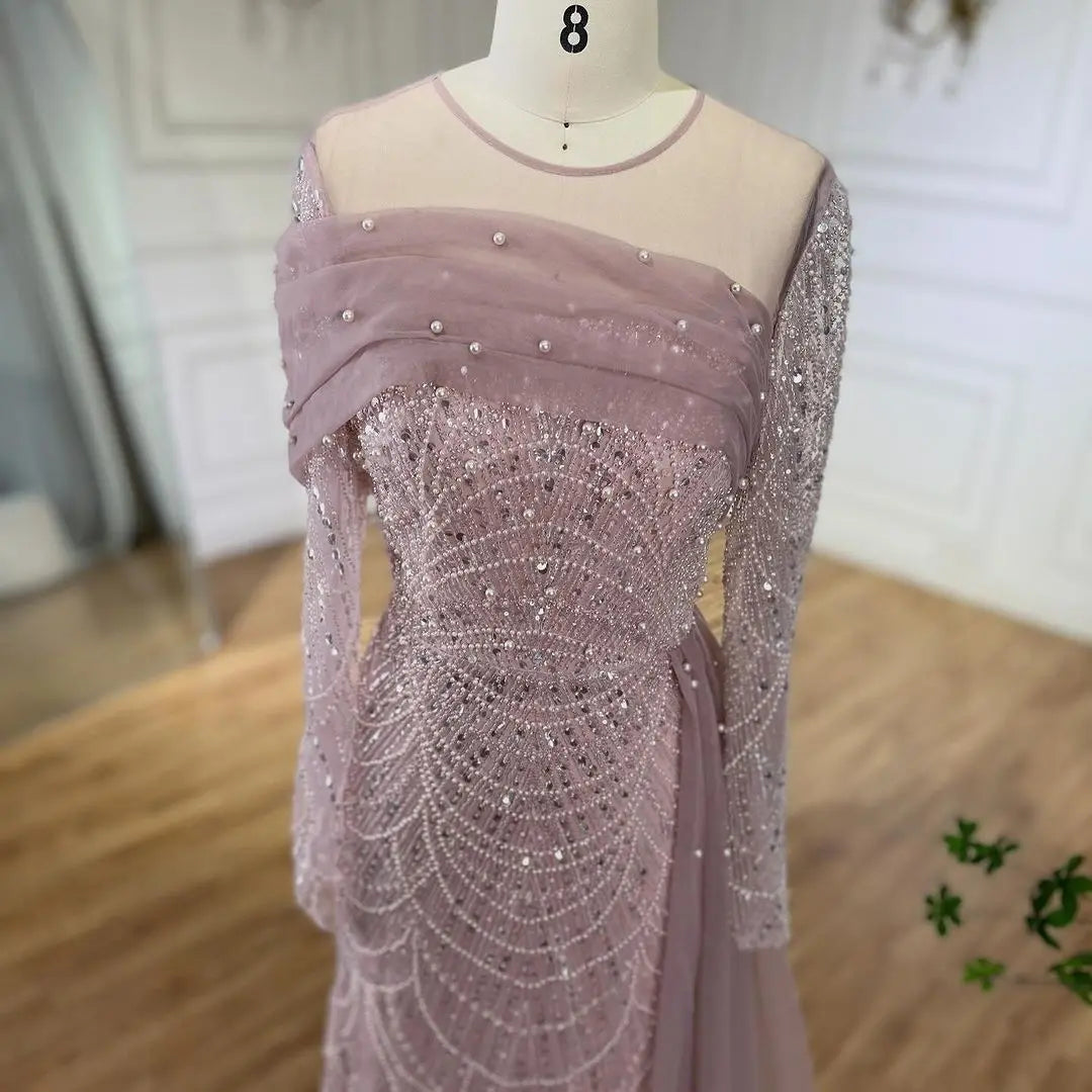 SERENE HILL 2024 Dubai Arabic Nude Mermaid Luxury Beaded Evening Dresses Gowns With Overskirt For Women Wedding Party GLA72254A