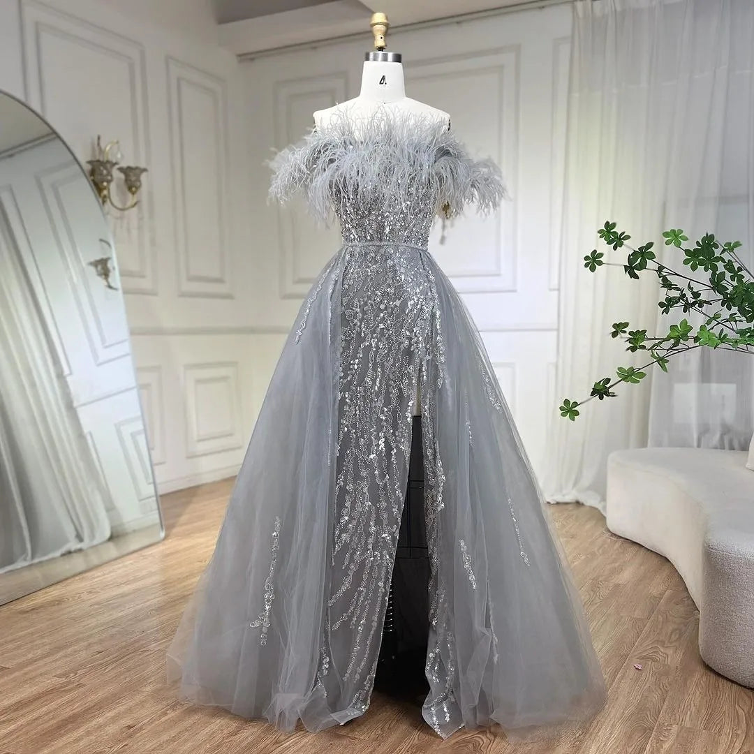 SERENE HILL 2024 Blue Feather Mermaid Luxury Beaded Evening Dresses Overskirt Formal Pink Gowns For Women Wedding Party GLA72061