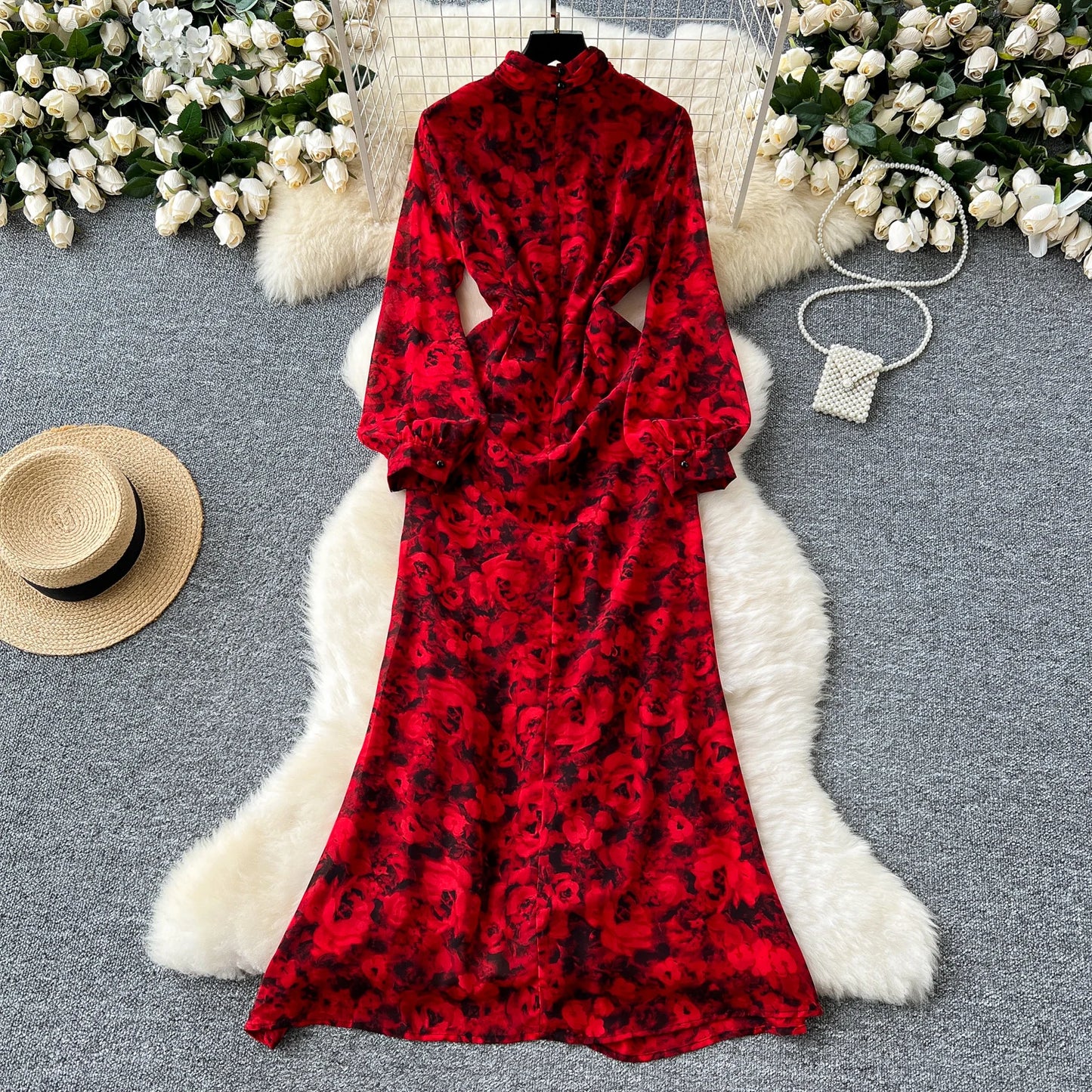 Chic French Sexy Pleated Floral Print Elegant Ruffle Dress Vintage Split Slim High Street Evening Women Autumn Winter Clothing