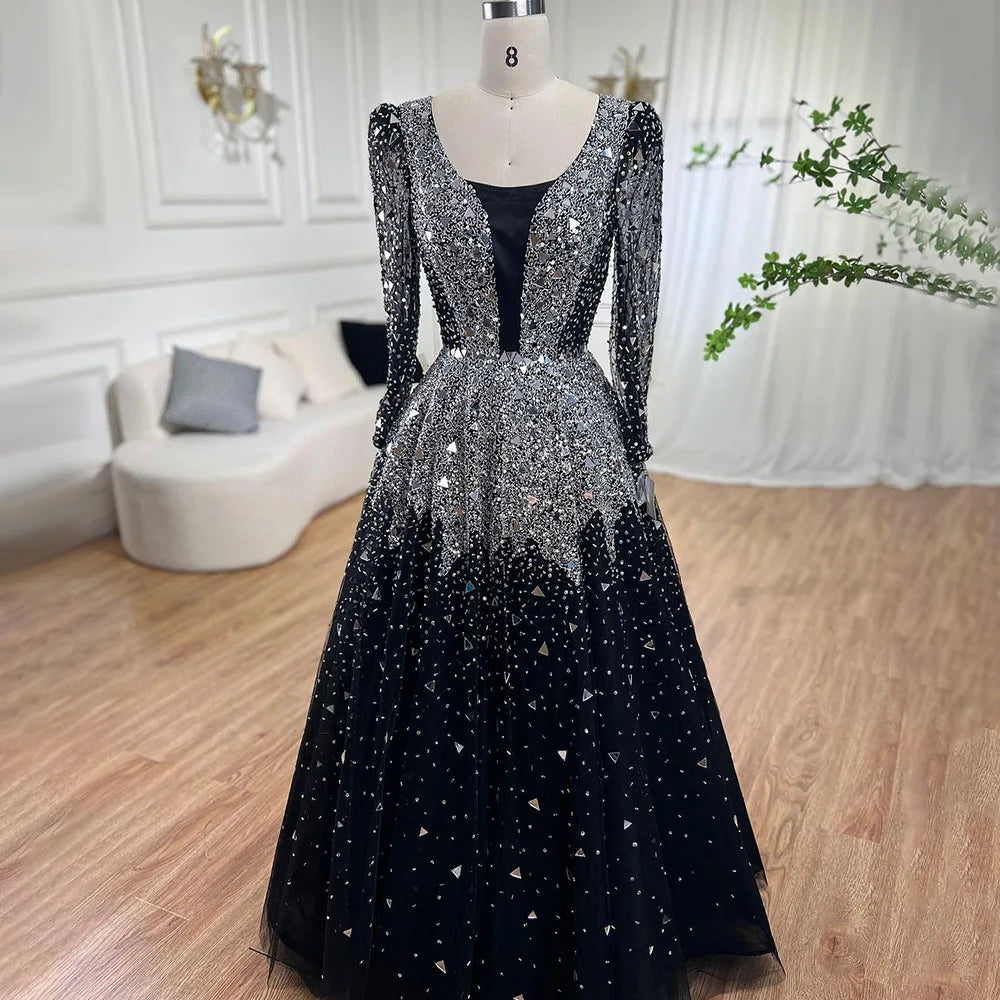 Serene Hill Muslim Black A-Line Evening Dresses Gowns 2024 Sequined Beaded Luxury For Woman Wedding Party LA71214