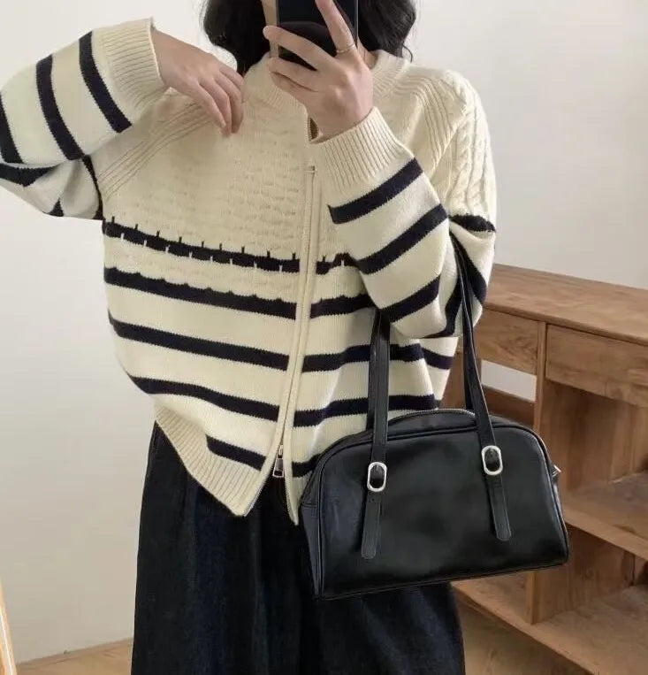 Autumn Winter Korean Edition Stripe Color Contrast Double Zipper Short Knitted Cardigan Women's Loose Fit Long Sleeve Sweater