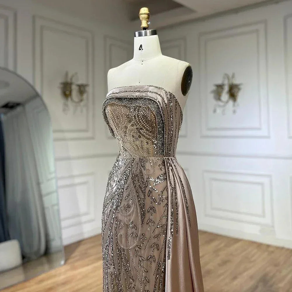 Serene Hill 2024 Arabic Nude Strapless Satin Mermaid Beaded Luxury Dubai Evening Gown with Side Skirt for Women's Party BLA72665