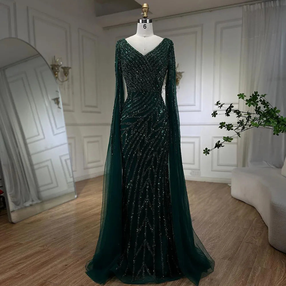 SERENE HILL 2024 Arabic Dubai Caramel Mermaid Luxury Beaded Evening Dresses Cape Sleeves Gowns For Women Wedding Party GLA71493A