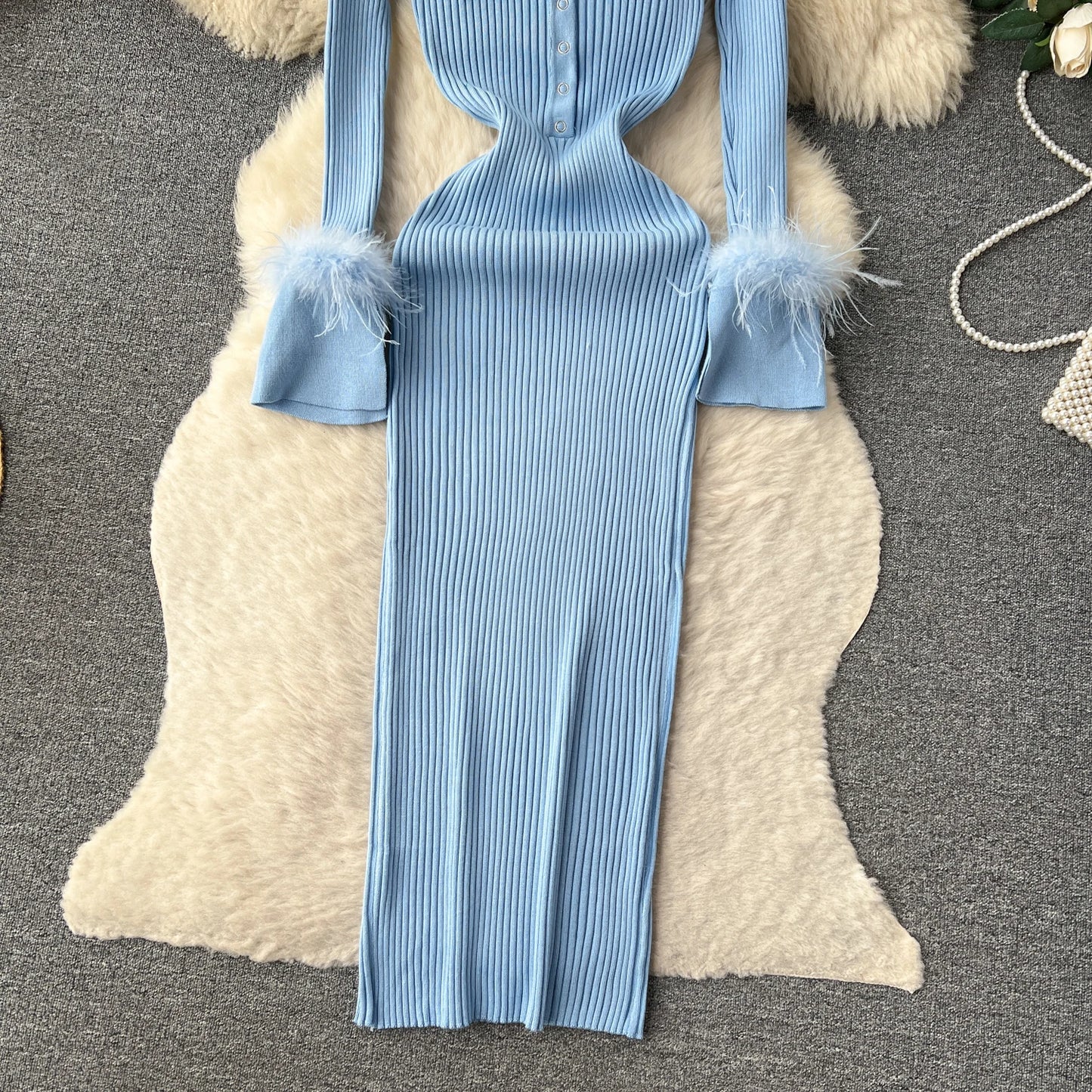 Elegant Turn-down Collar Feather Long Sleeve Knit Bodycon Pencil Dress Slim Fashion Sweater Vestido Sexy Women Winter Clothing