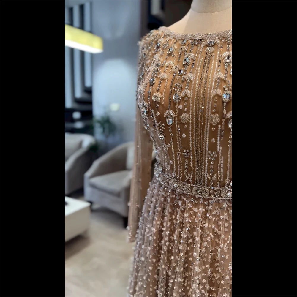 Serene Hill Dubai Arabic Designer Luxury Nude A Line Beaded Evening Dresses Gowns For Formal Occasion 2024 LA72088
