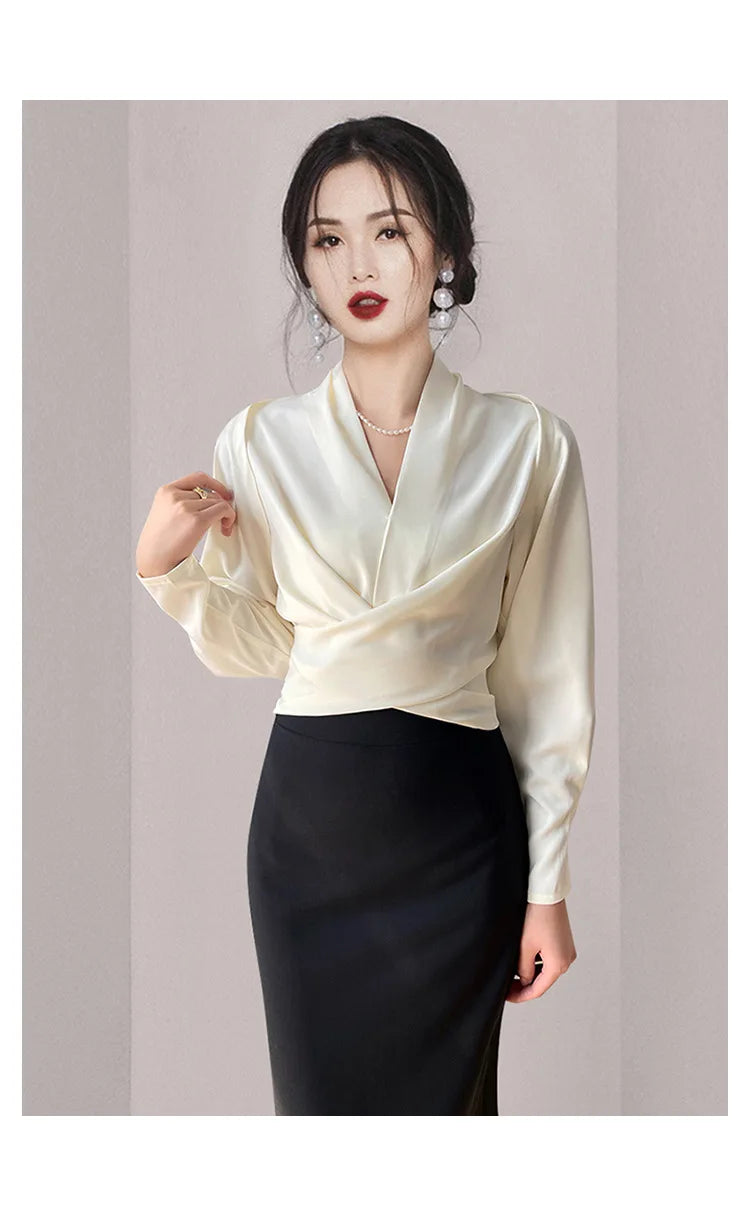 Autumn New Women's Long sleeved V-neck Shirt Top Short French Elegant Temperament Satin Effect Slimming Shirt Blouse