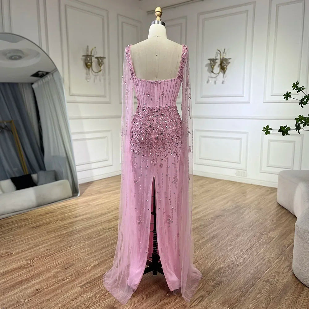 Serene Hill Arabic Gray Mermaid Beaded Luxury Dubai Long Evening Gown with Cape Sleeves Elegant for Women - Party 2024 BLA72592