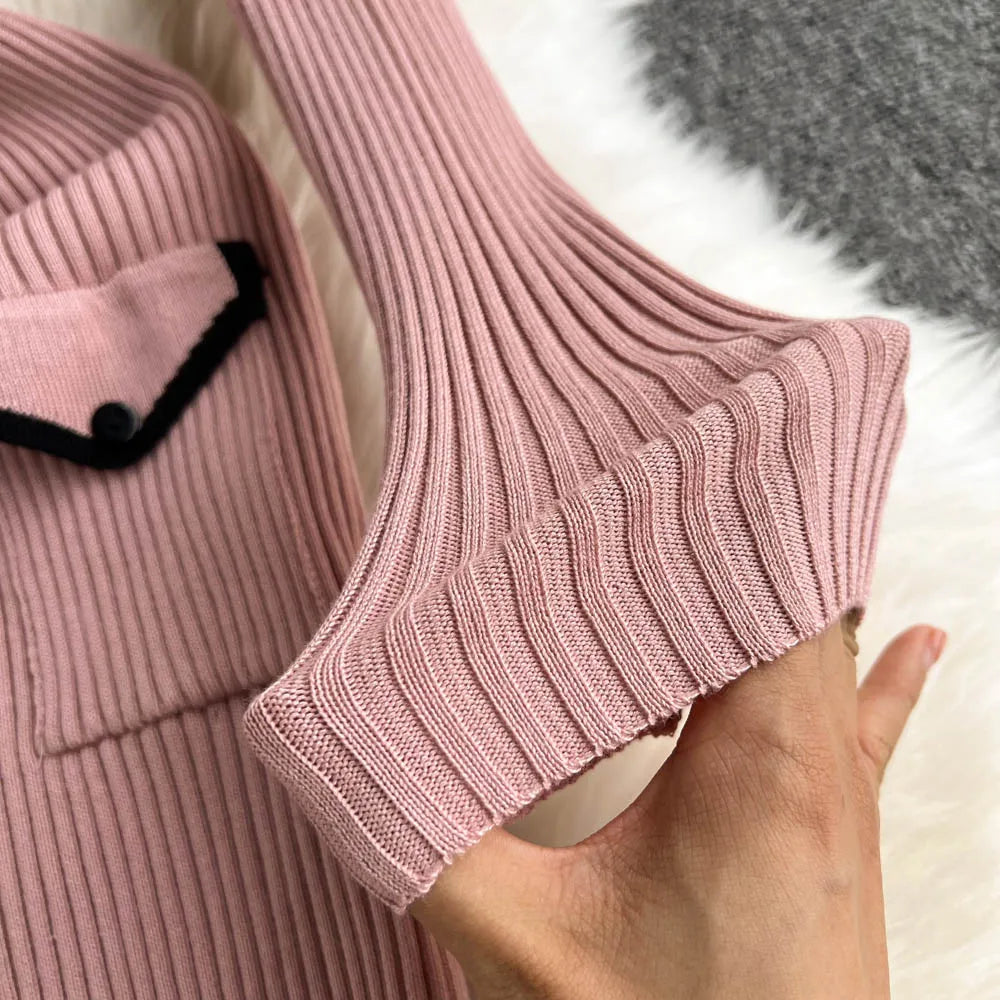 Women Elegant Chic Long Sleeve Sexy Slim Bodycon Dress Vintage Korean Fashion Knit Tight Vestido Autumn Winter Sweater Robe