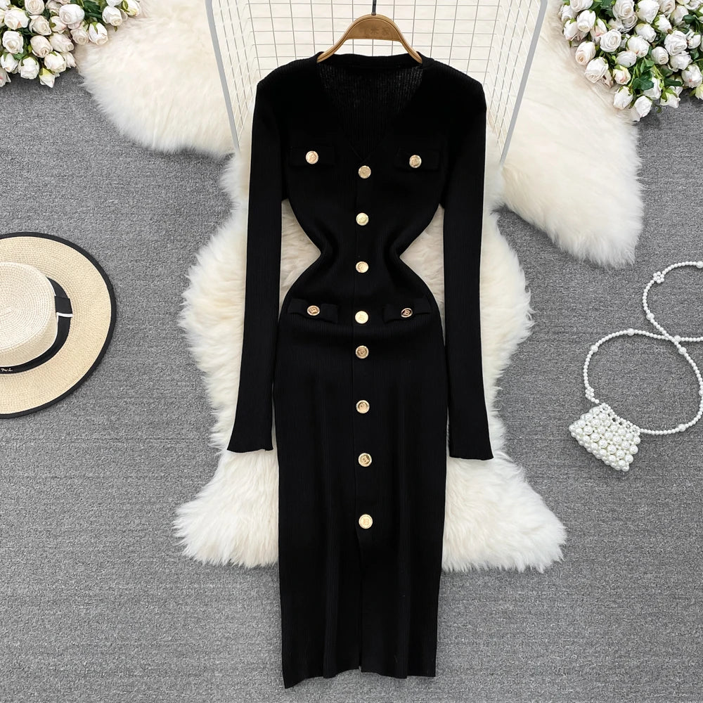 Sexy Split V-neck Long Sleeve Bodycon Dress Chic Elegant Evening Party French Fashion Knit Vestidos Women Autumn Pencil Dress