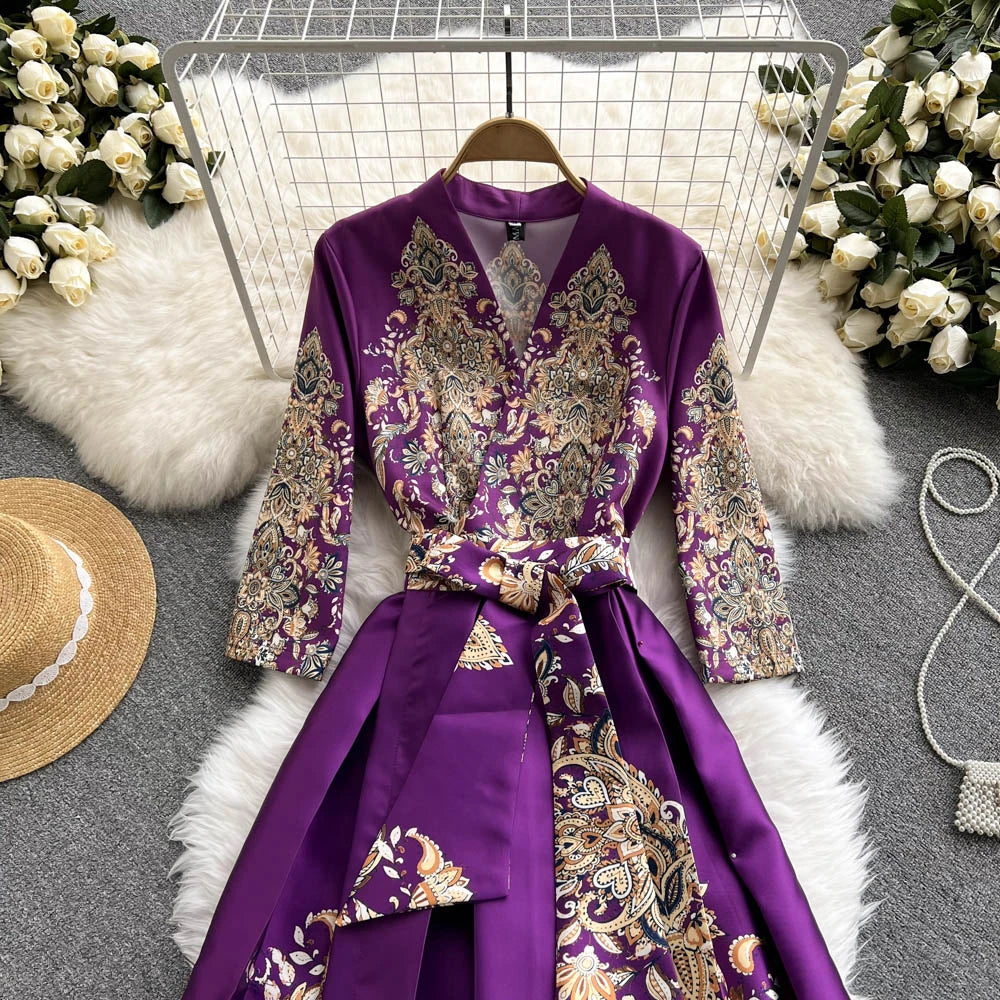 Pinkou Women Elegant Print Maxi Dress Cross V Neck Bow Tie Sashes Three Quarter Sleeve Female Chic Wrap Dresses Vestido QA815