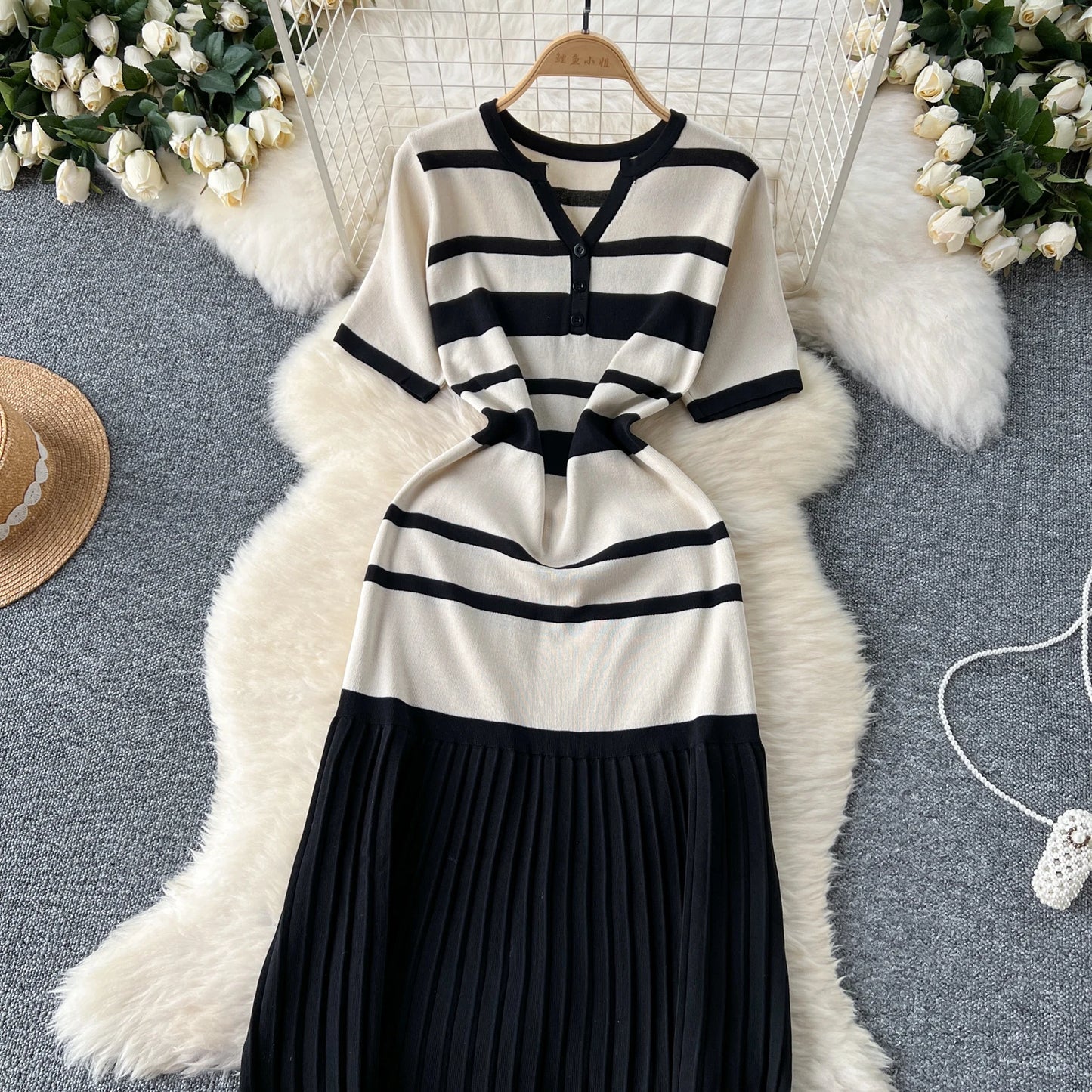 Sexy Chic short sleeve PATCHWORK v-Neck Striped Knit Dress Elegant Fashion Party Slim Summer A-line sweet dresses