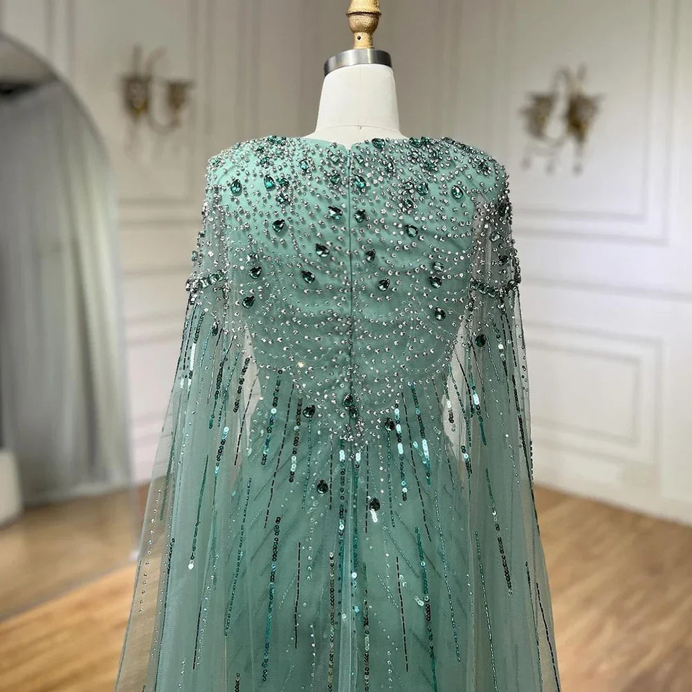 Serene Hill Turquoise Mermaid Evening Dresses Gowns 2024 with Beaded Cape Sleeves Design for Women's Wedding Party BLA72168A