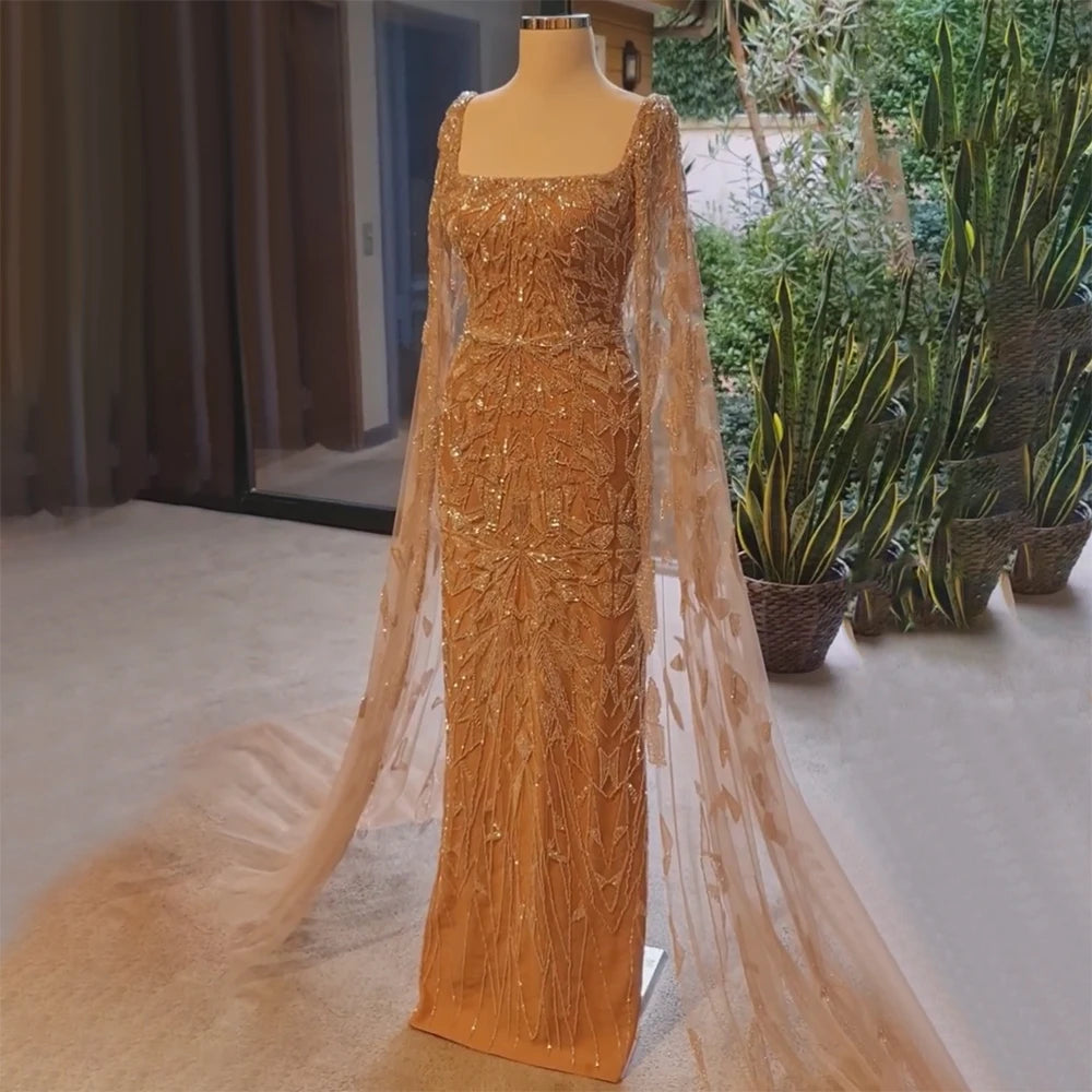 Serene Hill Arabic Pink Cape Sleeves Mermaid Dubai Evening Dresses Beaded Luxury Wedding Party Gowns For Women 2024 LA72261