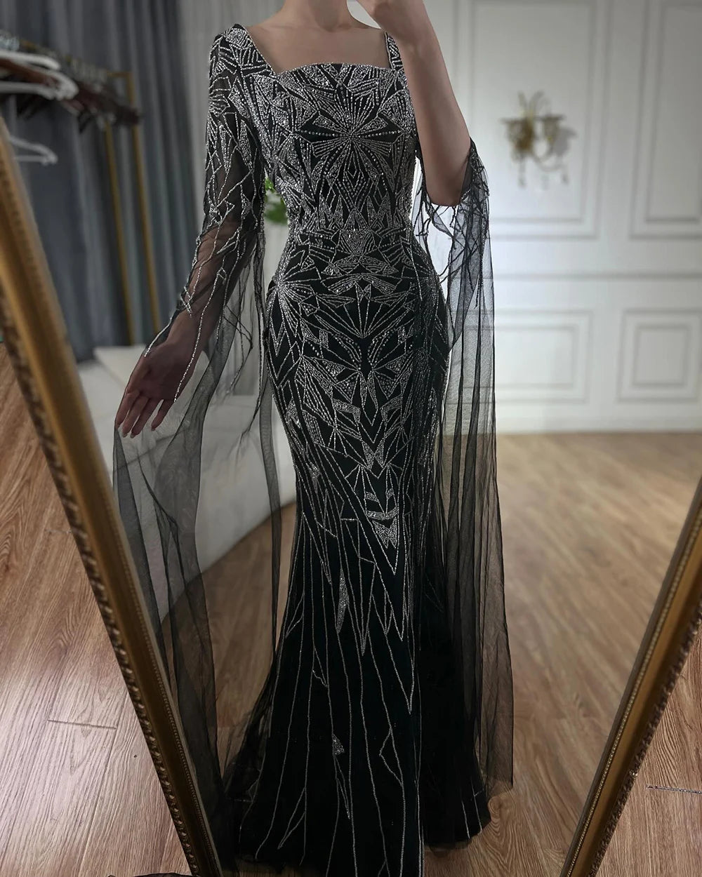 Serene Hill 2024 Arabic Nued Cape Sleeves Mermaid Saudi Evening Dresses Beaded Luxury Party Gowns for Formal Occasion LA72261B