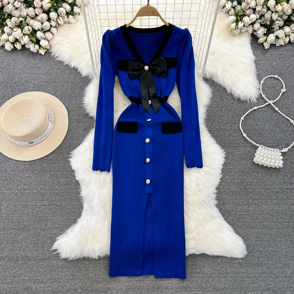 Women Elegant Butterfly Long Sleeve Bodycon V Neck Split Dress Vintage French Slim Knit Tight Vestido Autumn Winter Sweater Robe