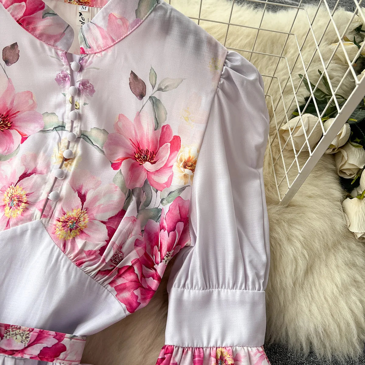 Elegant Party Dresses Women Round Neck Button Up Vintage Floral Print Dress Spring Summer Long Lantern Sleeve Belted Mini Dress