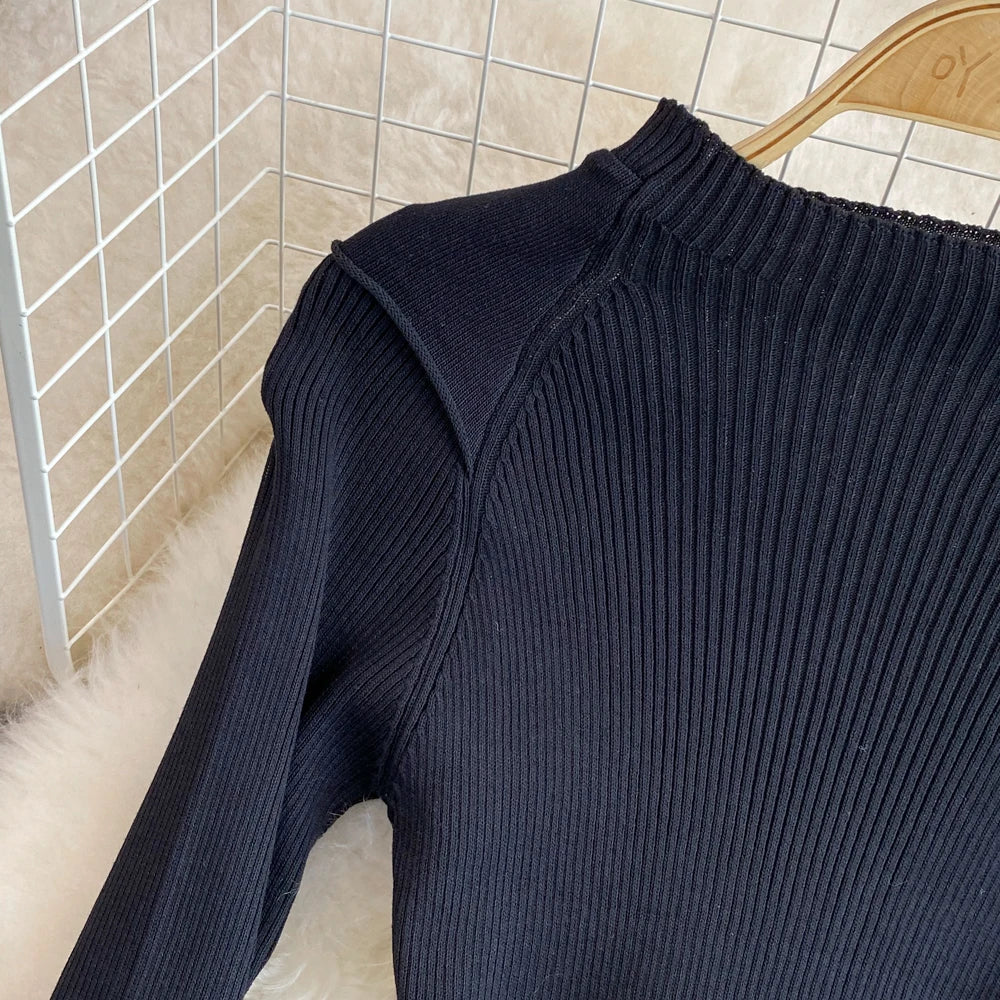 Women Chic Long Sleeve Stand Collar Patchwork A-line Dress Vintage Korean Fashion Knit Vestido Elegant Autumn Winter Knitwear