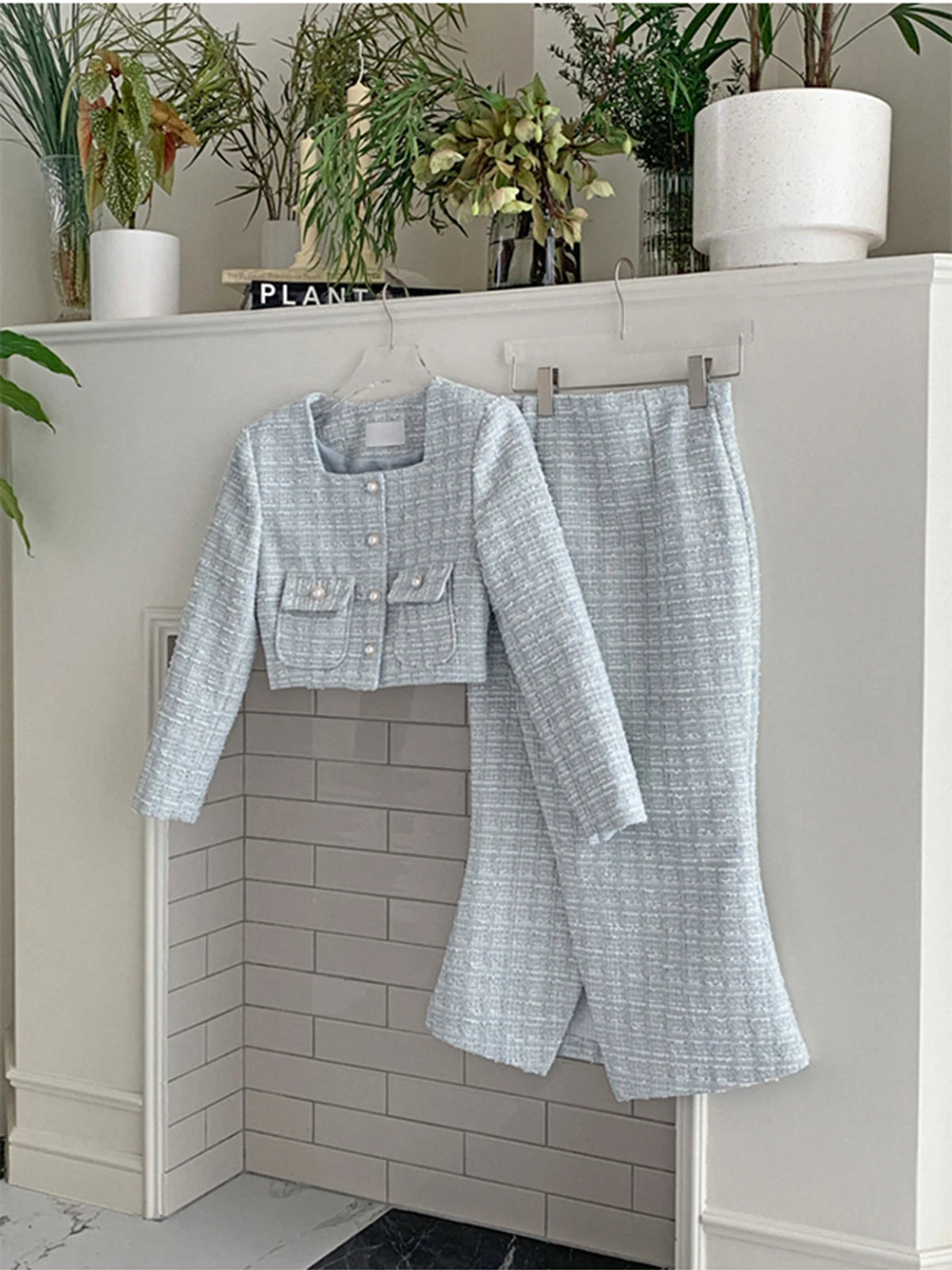 Vintage Tweed 2-piece Spring Autumn Women’s Elegant Two Pieces Set Pearl Buckle Cropped Coats+Pencil Skirt Small Fragrant Suits