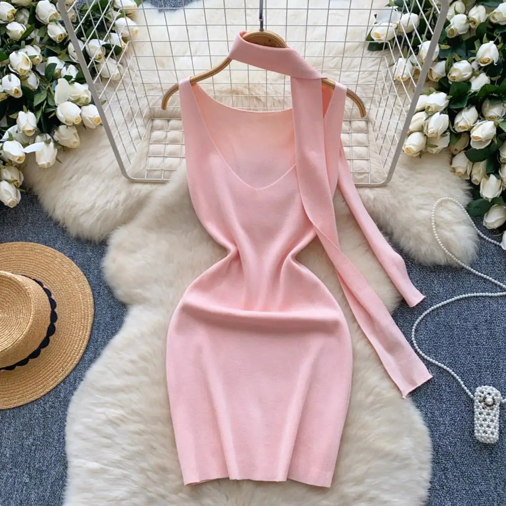 Sexy V-Neck Knitted Mini Dress for Women Elegant Spaghetti Strap Ribbon Slim Dresses One Piece Solid Female Clothes Autumn New
