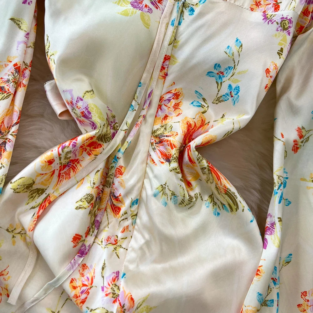 Sexy Bodycon Satin Floral Long Dresses for Women Lantern Sleeve V-Neck Slim Mermaid Evening Party Dress Prom Robe New Vestidos