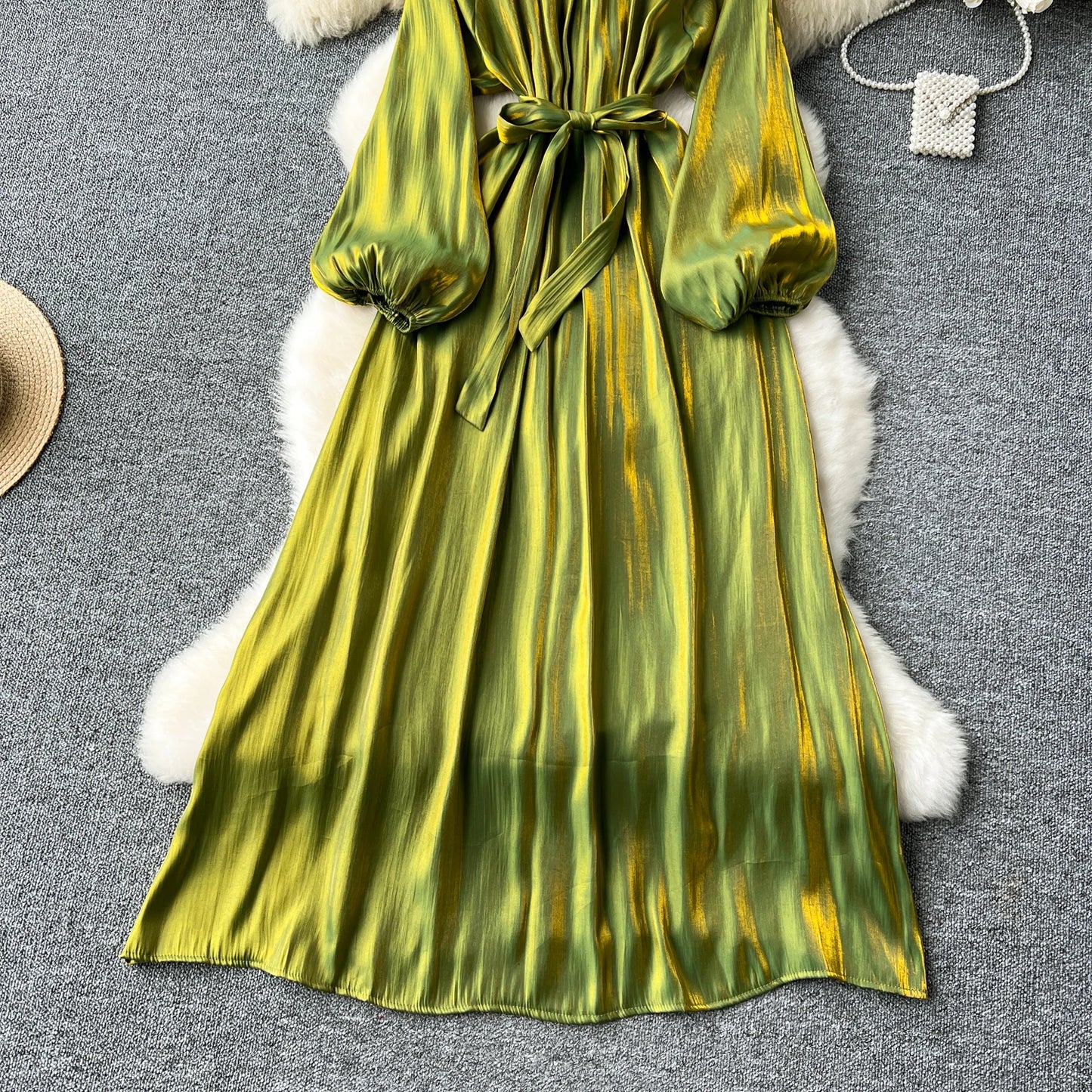 French Vintage Pleated lool sleeve print Lace-up Bow sweet Dress Casual Women Fashion summer dresses