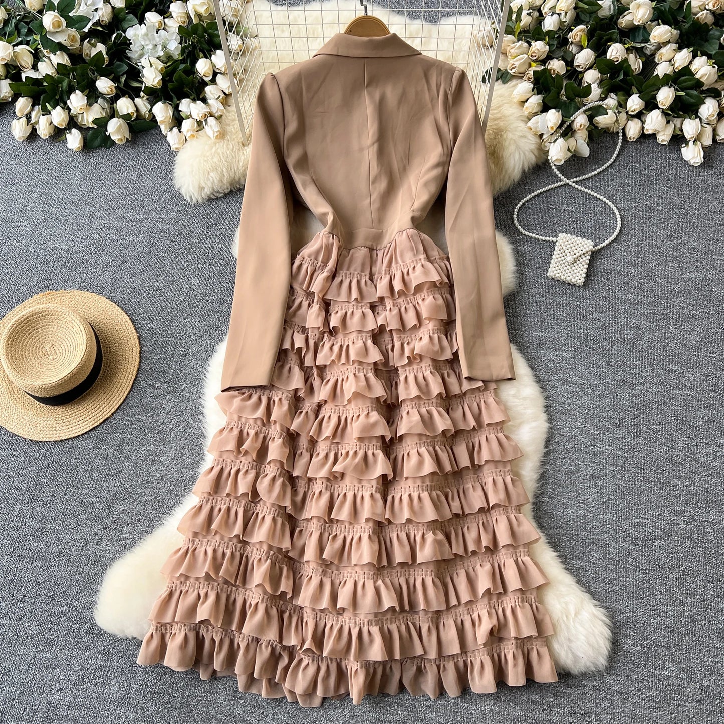 French Vintage Two Pieces Sets Notched lool sleeve mesh sweet A-line Chic PATCHWORK Women Summer dresses