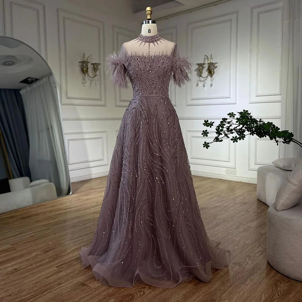 Serene Hill 2024 Arabic blue A Line Short Sleeveless Luxury Evening Dresses Beaded Feathers For Women Wedding Party LA72351