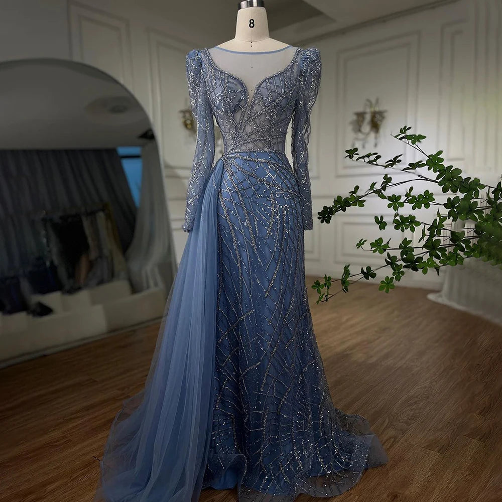 Serene Hill Muslim Gold Mermaid Beaded Luxury Dubai Evening Dresses Gowns With Overskirt 2024 For Women Party LA72206