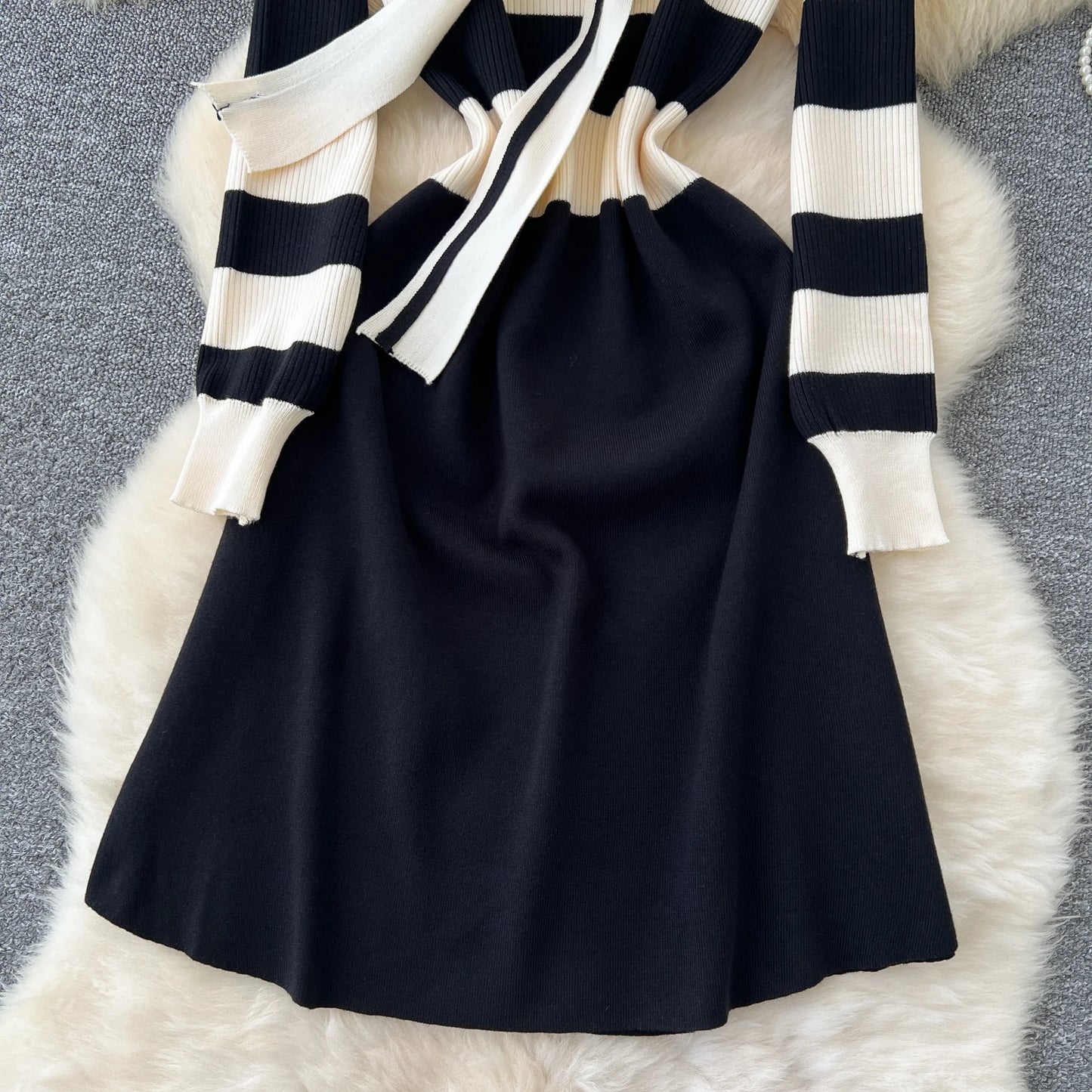 Chic Turn-down Collar Slim Bandage Long Sleeve Patchwork Striped Knit Dress High Street Vintage Women Autumn Winter Clothing