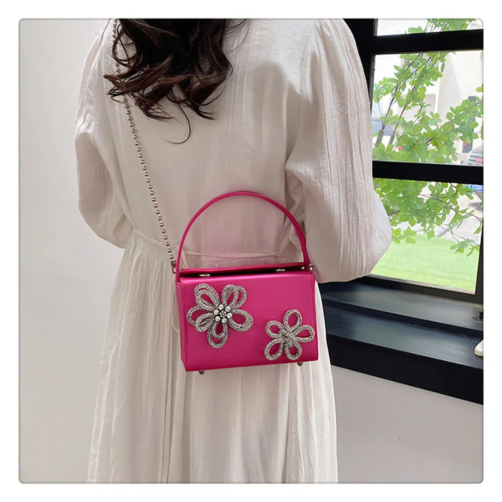 Light Luxury High-Grade Women Chain Crossbody Bag Korean Design Sense Diamond Flower New Pop Handbag Fashion Box Mini Square Bag