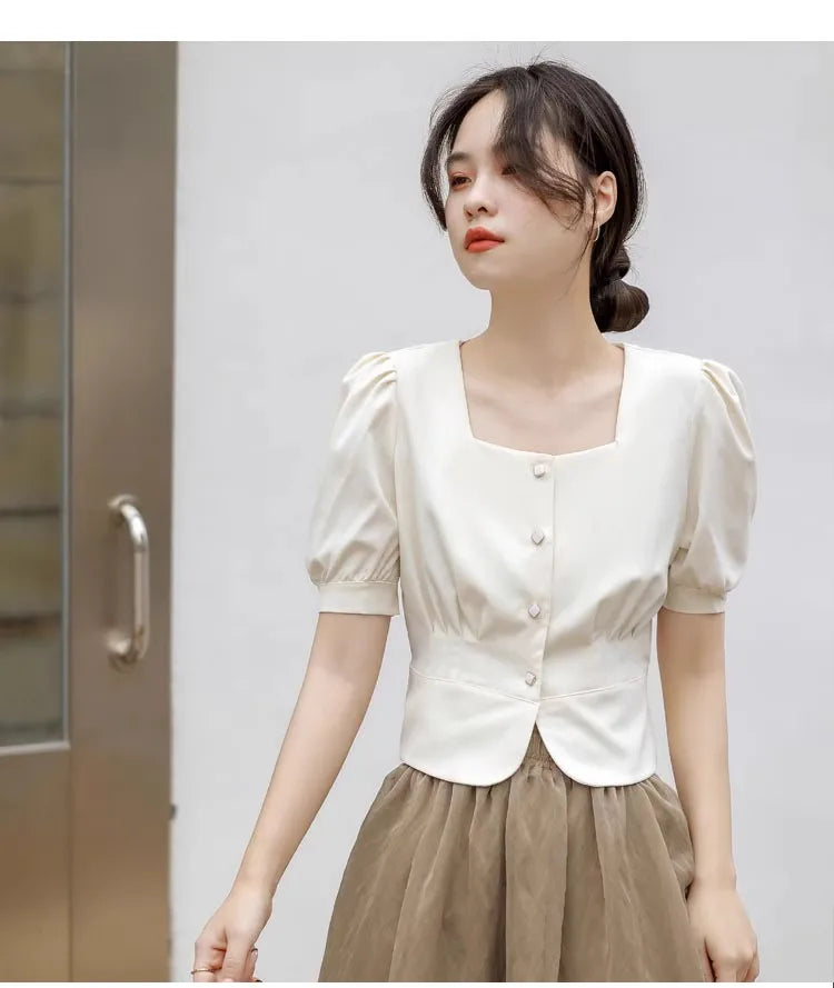 Temperament Short Bubble Sleeve Shirt for Women French Square Neck Elegant Design Office Lady Shirts Summer New Cropped Tops